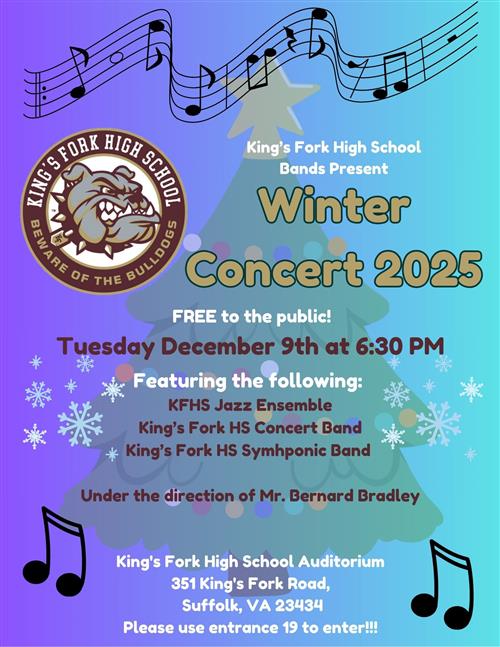 Winter Band Concert, December 9th, 6:30PM, KFHS Auditorium, Free Admission